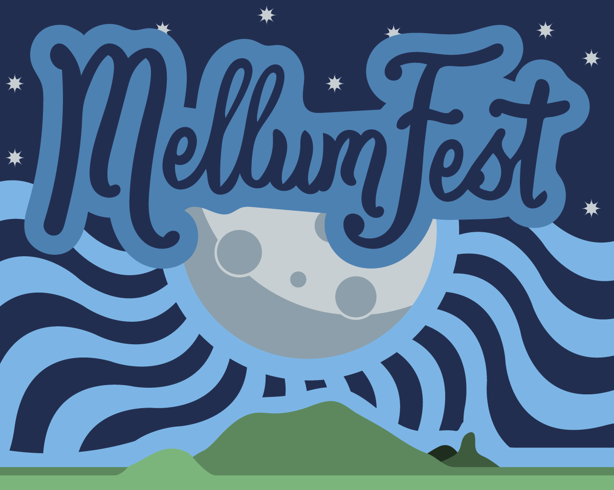 Feature image from the branding of Mellumfest, showing a radiant moon rising behind Mt Mellum.