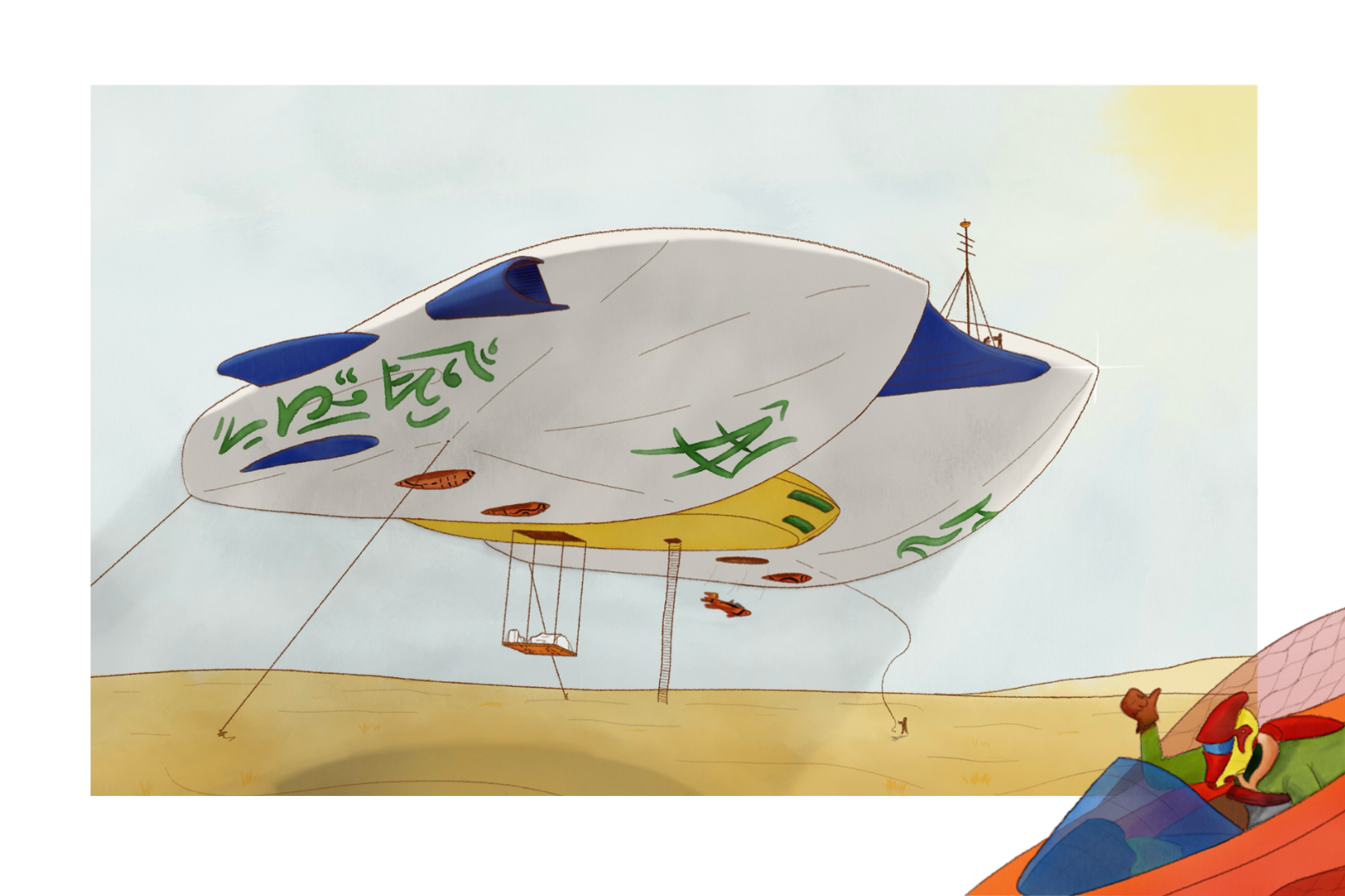 A large airship with large fantasy script on its side is being anchored to a dry landscape as a radio tower is raised on top. Small flying craft detach from the bottom, one of which flies past the lower right corner as the pilot gives a thumbs up, breaking the frame.