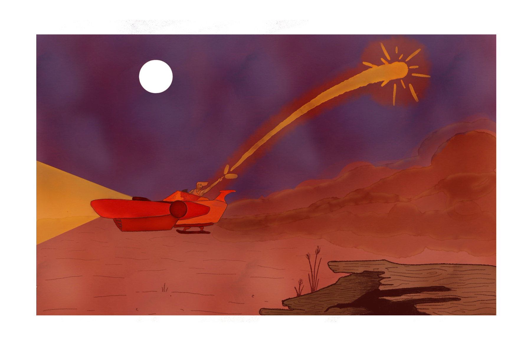 Two people fly across a desert landscape in a hovercraft under a dusty night sky. One drives the vehicle while the other shoots a golden flare behind them.